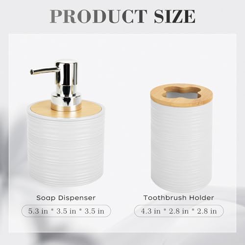 2 PCS White Bathroom Accessories Set, Soap Dispenser and Toothbrush Holder Set, Plastics & Bamboo Bathroom Set, Bohemian Style Bathroom Sink Set - color: White, size: 2 PCS
