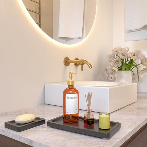 YELLOW LOTUS Black Bathroom Accessories Set 2 pcs - 9’’ Small Black Bamboo Tray for Bathroom, Wooden Bar Soap Holder for Shower, Kitchen Soap Dispenser Set for Sink, Kitchen Dish Tray Decor