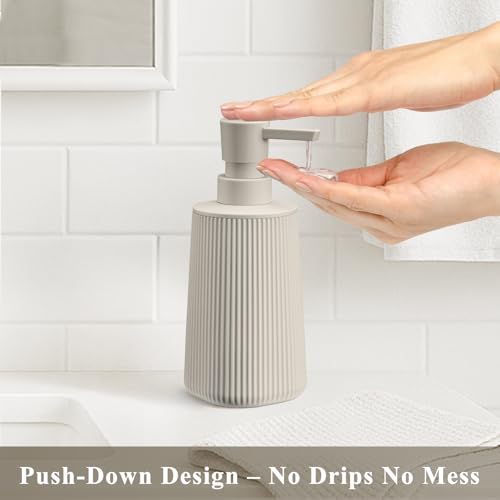 Beige 2 Pack Hand Soap Dispensers Set with No Rust Pump for Bathroom and Kitchen Countertops Refillable Matte Striped Plastic 8.5 oz - color: Beige Set of 2