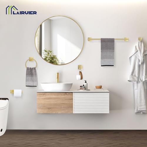 5 Pieces Bathroom Hardware Set Brushed Gold Towel Bar Set Includes 23.6” Towel Bar, Towel Ring Holder, Toilet Paper Holder and Two Towel Hooks, Bathroom Accessories Set SUS304 Wall Mounted - color: Brushed Gold, size: 5 Pieces - Standard