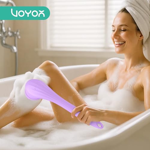 VOYOR Electric Body Brush Back Scrubber Silicone Body Scrubber Two-Way Rotating Brush Head for Deep Cleaning, Exfoliation, 4 Attachments Long Handle IPX6 Rechargeable Shower Brush BC300 (Purple) - color: Purple