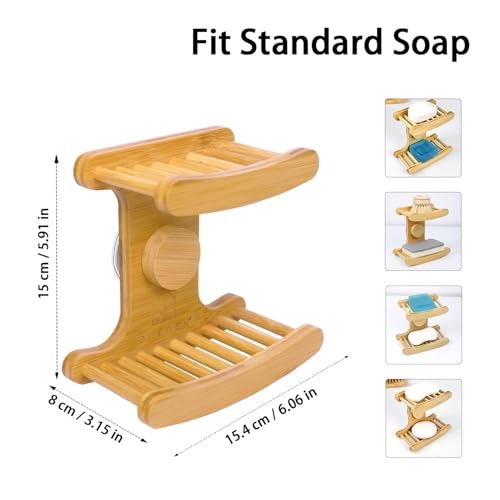 Suction Cup Soap Dish for Shower，Bamboo Soap Dish Holder for Shower, Suction Cup NO-Drilling, Self Draining for Bathroom，Natural Bamboo Color (Double soap Holder, Rectangular)