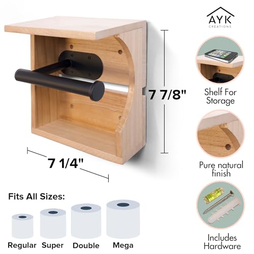 Toilet Paper Holder with Shelf - Easy to Install Wall Mounted Wood Toilet Paper Holder - Mounts to Most Surfaces - Fits All Toilet Paper Types from Regular to Mega Sizes (Natural)