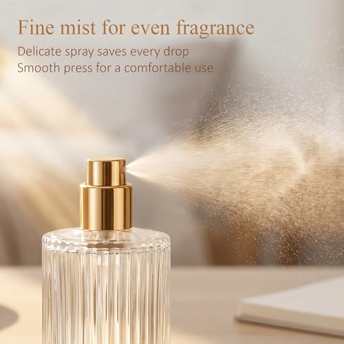 YU FENG 2 Pack 50ml Glass Perfume Spray Bottles, Gold Rim Atomizer | Vertical Striped Texture, Gold Sprayer With Cream Cap, Travel Size Refillable Bottle, Fine Mist Spray For Perfume And Oils - style: Gold-Trim Cream Cap-1