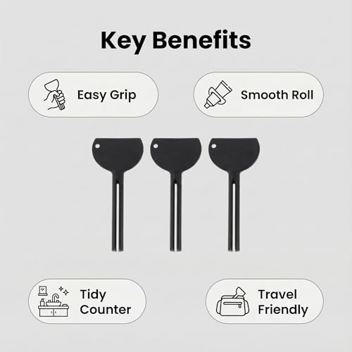 Semi-Circle Tube Paste Squeezer Set, Black 3 Pack Rolling Key Turner for Toothpaste and Cream Tubes, Easy Grip Handle for Bathroom Counter, Travel Kit, Reusable - color: Black