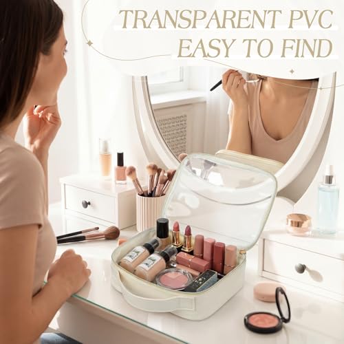 Abbylike 6 Pcs Clear Makeup Bags Bulk 7.9 x 5.9 x 2.4 Inches Quart Size Approved PU Leather Toiletry Bag with Handles Small PVC Clear Travel Cosmetic Case for Women Wedding Bridal Gifts(Beige) - color: Beige