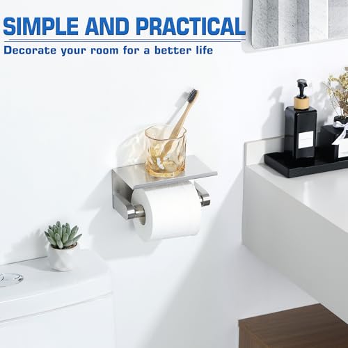 Alise Toilet Paper Holder,Double Post Paper Holder SUS304 Stainless Steel Toilet Paper Roll Holder with Shelf Spring Loaded Tissue Holder (Adhesive or Screw),Brushed Nickel - color: Brushed Nickel, size: with Shelf