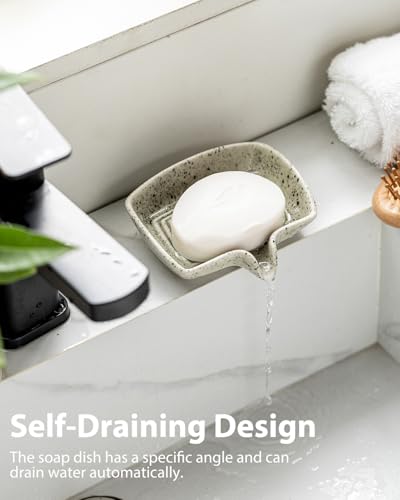 Self Draining Soap Dish, Ceramic Drain Soap Holder Waterfall Design Soap Saver for Shower, Bathroom, Sink, Kitchen and Countertop, Keeps Dry, Speckled Glaze - color: Speckled Glaze, size: Rectangular