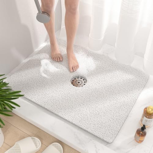 HITSLAM Shower Mat, 32 x 24 Inch Non Slip Bath Mat for Tub, Soft PVC Loofah Bathtub Mats with Drain Holes, Quick Drying Bathroom Stall Floor Mat, Bathroom Accessories Without Suction Cup, White - color: White, size: 32" x 24" (Rectangular)