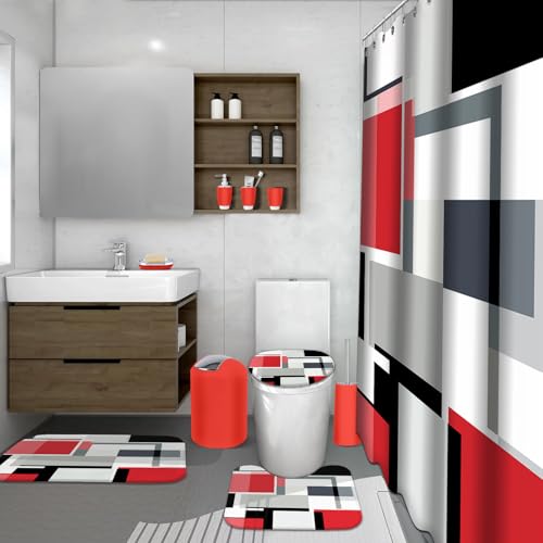 Lnond Red Bathroom Set, 23-Piece Red Black Geometric Bathroom Decor Set with with Shower Curtain and Rugs, Trash Can, Toilet Brush Holder Set & Soap Dispenser - style: Red Geometric