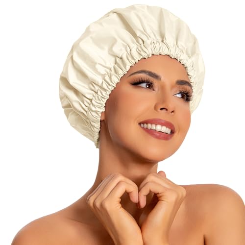 Edoneery Reusable Shower Caps for Women, Waterproof Long Hair Bonnet | Washable Design, Wide Elastic Band, Large Fit, Holds Long Hair, Braids Friendly, Bath Accessories, Spa, Travel - color: Light Champagne