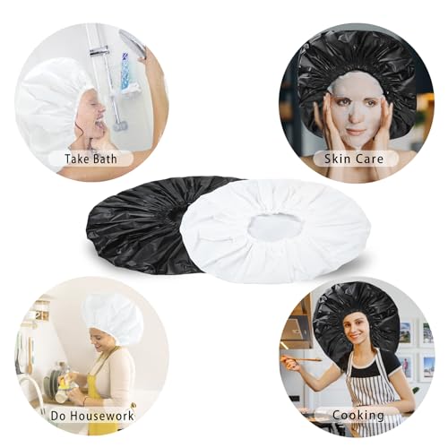 Super Jumbo Shower Cap 2 PCS Waterproof Shower Caps for Women, Extra Large Shower Cap, Reusable Super Large Bath Caps Hair Cap for Long Thick Curly Hair, Locs, Twist Braids - Black + White - color: Black + White