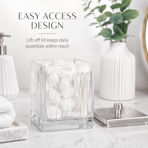 Vince Camuto Home Glass Cotton Jar Holder – Nickel Lid, Elegant Bathroom Storage Canister for Qtips, Cotton Balls, Floss, Makeup Organizer, Vanity & Bathroom Organization - color: CLEAR GLASS NICKEL LID