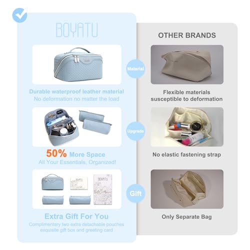 BOYATU Travel Makeup Bag Cosmetic Bags for Women: Large Capacity 3 Pcs Set Make up Bag with Compartments - Waterproof Vegan Leather Toiletry Organizer Bags with Handle (L04 Light Blue) - color: L04 Light Blue