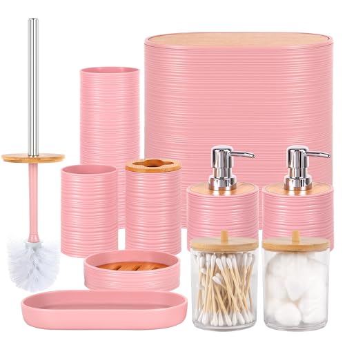 Bathroom Accessory Set,10 PCS Pink Bathroom Accessories Set with Trash Can, Toothbrush Holder, Soap Dispenser, Toothbrush Cup, Vanity Tray, Soap Dish, Toilet Brush, Qtip Holders - color: Pink