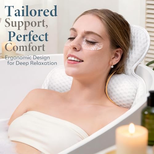 Bath Pillows for Tub, Comfortable Bathtub Cushion for Head and Neck with Soft 3D Mesh Fabric and 54 Non-Slip Suction Cups, Relaxing Tub and Shower Accessories Spa Gift White Extra Thick - color: White, size: Extra Thick