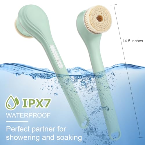Electric Body Bath Brush, Rechargeable Back Scrubber for Shower, Long Handle Exfoliating Bath Brush for Shower, Lotion Applicator for Back, Silicone Body Scrubber with 6 Shower Brush Heads