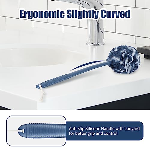 VANZAVANZU Loofah Sponge Set Loofah Exfoliating Body Scrubber, Anti-Slip Plastic 17" Handle Loofah on a Stick with Fluffy Shower Sponge, PE Soft Mesh Shower Loofahs-Blue with White Edge