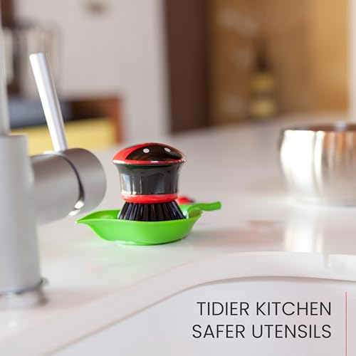Vigar Ladybug Dish Scrub Brush with Holder, Kitchen Scrub Brush for Dishes, Dish Scrubber, Sink Brush, Dishwashing Brush and Vegetable Scrubber for Household Cleaning - Ladybug - color: Green