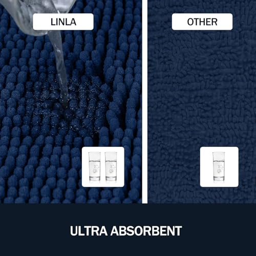 LINLA 3 Pieces Bathroom Rug Set, Absorbent Non Slip Chenille Bath mat, Thick Plush Chenille Carpet Mats Set,Washable Dry Quickly with U-Shaped Toilet Mat for Tub, Shower（Navy Blue） - color: Navy Blue