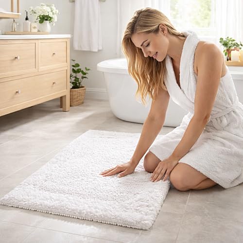 Savi Home Bath Mat Rug 17"x24" White, 100% Pure Cotton, Super Soft Bath Rugs, Plush & Absorbent, Hand Tufted Heavy Weight Construction, Full Reversible Step Out Rugs - color: White, size: 1'5" x 2' (Rectangular)
