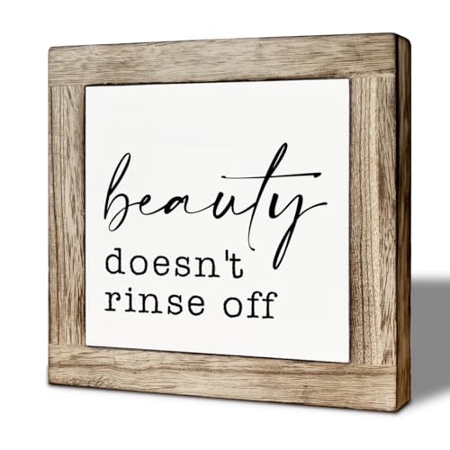 Funny Bathroom Sign Shelf Decor, Beauty Doesn't Rinse Off Wood Block Sign, for Bathroom Shelf Restroom and Toilet Shelves Decor, Rustic Wooden Table Top Signs 5.9×5.9 inch - color: color35