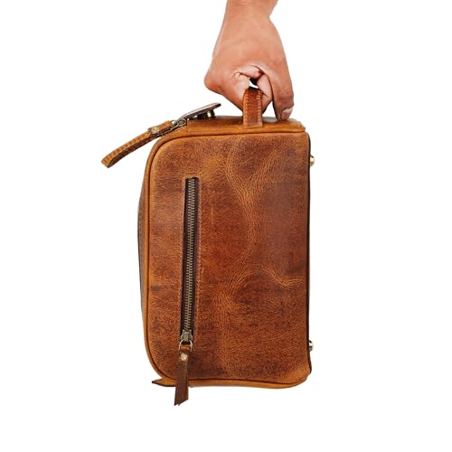 KomalC Travel Toiletry Bag – Premium Leather Dopp Kit for Men & Women with Water-Resistant Lining & Spacious Zippered Organizer - style: 1 Zip Classic Tan