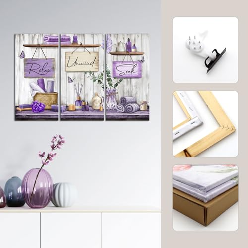 sechars Bathroom Wall Art Relax Unwind Soak Signs Canvas Prints Lavender Spa Decor, 8x16 Inches Each, Framed (Purple) - color: Purple