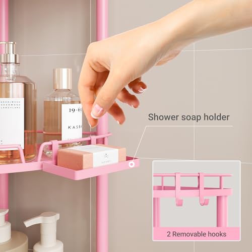 ELYKEN Corner Shower Caddy Standing, 3 Tier Rustproof Metal Shower Organizer with Soap Holder, Floor Shower Corner Shelf Rack Storage Stands with Adjustable Feet & 2 Hooks for Bathroom, Pink - color: Pink, size: 3 Tier