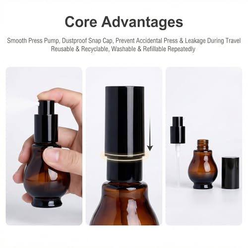 3 Pcs 30ml 1oz Amber Glass Travel Bottles for Toiletries Leakproof Cosmetic Cream Pump Bottles Lotion Dispenser Bottle Soap Dispenser with Black Pump for Essential Oil Cream Lotion Shampoo