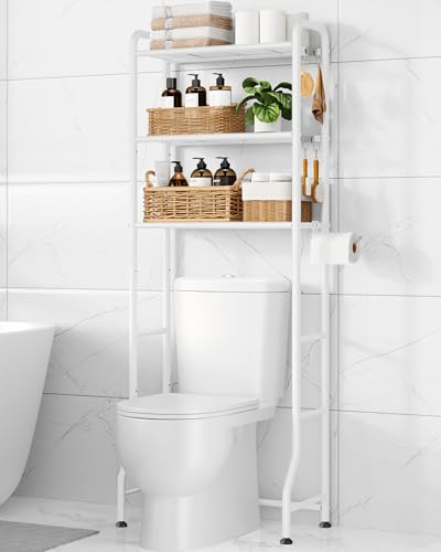 Kitsure Over Toilet Storage Rack, 63.2" H Space-Saving, Holder & Hooks | Bathroom, Laundry Room, Small Spaces, Families, Durable Metal, White, 3 Tier - color: White, size: 3 Tiers (63.2"H)