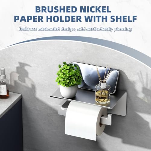 APLusee Brushed Nickel Toilet Paper Holder with Phone Shelf, 304 Stainless Steel Toilet Tissue Roll Holder, Wall Mounted Bathroom Paper Roll Dispenser - color: Brushed Nickel, size: Single Rod