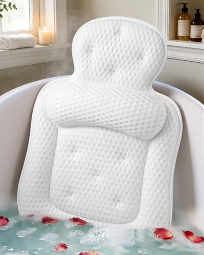 Bath Pillows for Tub, Comfortable Bathtub Cushion for Head and Neck with Soft 3D Mesh Fabric and 54 Non-Slip Suction Cups, Relaxing Tub and Shower Accessories Spa Gift White Standard - color: White, size: Standard