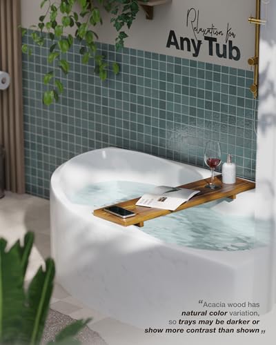 Bathtub Tray, Acacia Bath Tray for Tub, 34.6''x9'' Wooden Bathtub Caddy Tray with Adjustable Legs Fit Various Bathtubs, Anti-Tipping, Sustainable Bath Table with Wine Glass and Tablet Holder - color: Acacia