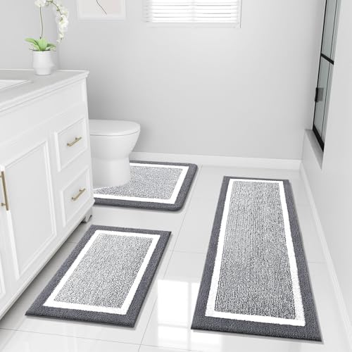OLANLY Bathroom Rugs Sets 3 Piece, Soft Absorbent Microfiber Bath Mats and U-Shaped Contour Toilet Rug, Home Decor Accessories, Non-Slip, Bath Mat Set for Bathroom (47"x20"+24"x16"+24"x20", Dark Grey) - color: Dark Grey and White, size: 47" X 20" + 24" X