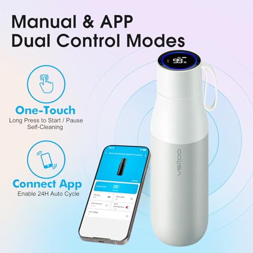 VSITOO S1 Pro 15oz Insulated Stainless Steel Self-Cleaning Water Bottle | Mini 15oz Insulated Bottle With Auto Self-Cleaning, App or Touchscreen Control, Temp Display, 30-Day Battery & 24H Cold - color: White, size: 15 Ounces