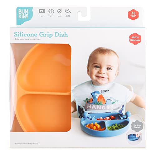 Bumkins Toddler and Baby Suction Plate, Silicone Divided Grip Dish, Babies and Kids, Baby Led Weaning, Children Feeding Supplies, Non Skid Sticky Bottom, Platinum Silicone, 6 Months Up, Tangerine - color: B8 Tangerine-GD