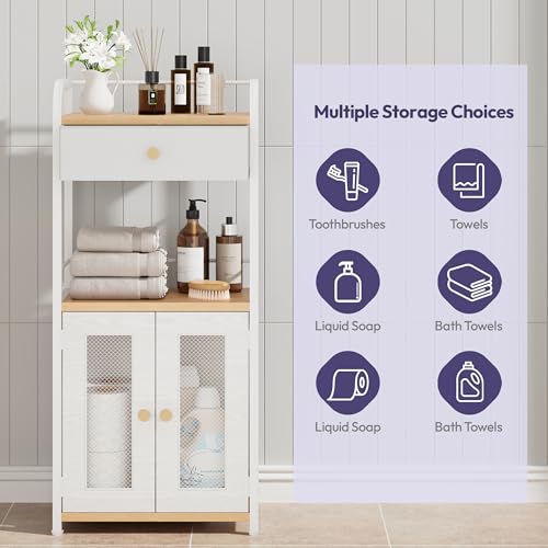SWTYMIKI 14.57"x32.28" Bathroom Storage Cabinet – Freestanding Storage Cabinet with Doors and Drawer, Bathroom Organizers and Storage for Small Spaces – Ideal for Towels and Toiletries, Natural - color: Natural