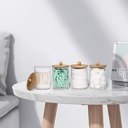 Tbestmax 4 Pack Qtip Holder, 10-Ounce Bathroom Organizer Accessories Storage Containers Clear Plastic Apothecary Jars with Bamboo Lids for Cotton Ball, Cotton Swab, Floss - color: Group A - 4 Pcs 10 oz