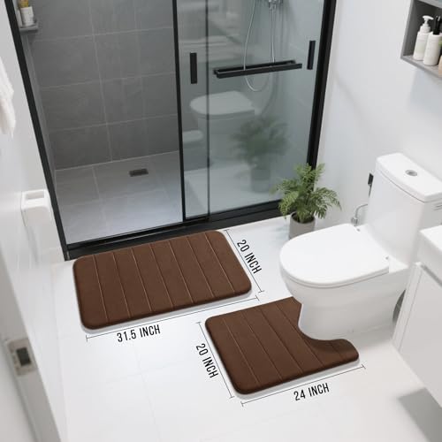 Yimobra Memory Foam Bath Mat Set 2 Piece - Super Soft Absorbent Quick Dry Bathroom Toilet Rugs, Machine Washable Non Slip Floor Carpet for Tub Shower & Single Sink (31.5x20 & 24x20, Brown) - color: Brown, size: 31.5x20+24x20 Inch