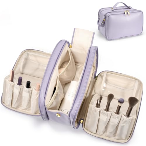 HauteHues Travel Makeup Bag Women's Large Capacity Cosmetic Portable Organizer Large Opening Waterproof Storage Toiletry Bags Vertical Free-Standing Brush Holder for Easy Access Purple - color: Purple
