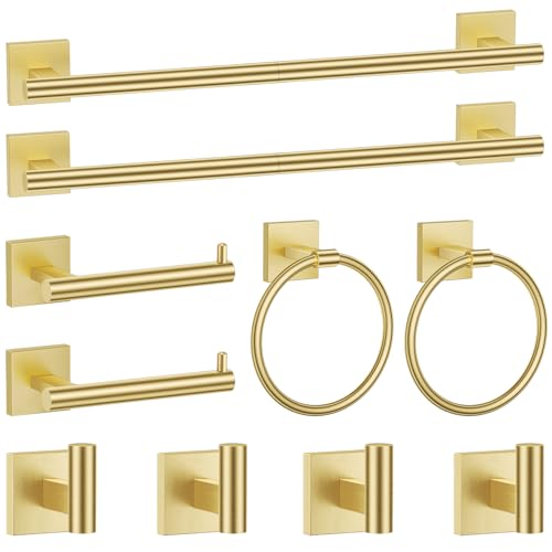 Brushed Gold Bathroom Hardware Accessories Towel Bar Set, 10 Pieces Bathroom Towel Bar Holder Set, 23.6 Inch Stainless Steel Toilet Paper Holder Towel Racks for Bathroom Wall Mounted - color: Brushed Gold, size: 10pieces A