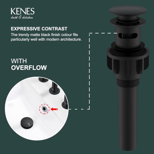 KENES 2 Pack Pop Up Bathroom Sink Drain with Overflow, Matte Black Pop Up Drain Stopper Anti Clog Pop Up Drain Stopper Lavatory Bathroom Vanity Sink Drain - color: Matte Black X 2, size: Big Pop up Cap (With Overflow)