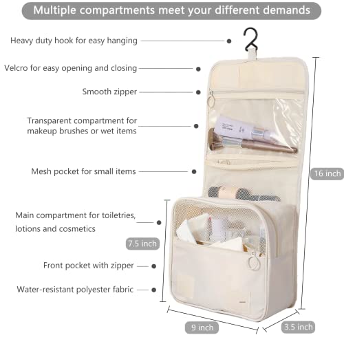 Hanging Travel Toiletry Bag for Women, Water-resistant Makeup Bag Cosmetic Organizer for Traveling Accessories Toiletries (Beige) - color: Beige