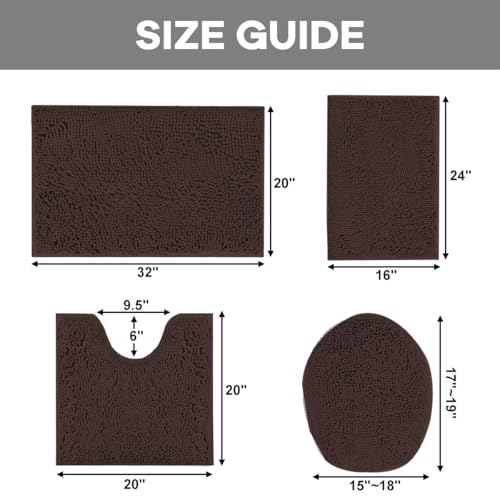 RUN HELIX Chenille Bath Rug Set 4 Piece with Toilet Lid Cover and Rug Set Combo, Soft Shaggy Bath Rug Set 3 Piece and U-Shaped Toilet Floor Rug Coffee - color: Brown, size: 1'8" x 2'8" (Square + oval + U-shape)