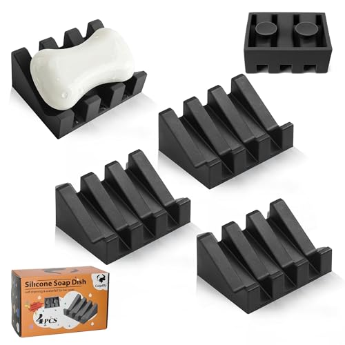 Soap Dish Holder for Shower with Suction Cup, Silicone Soap Holder & Saver Self-Draining Bar Soap Dish Keeps Soap Dry for Bathroom, Kitchen, Bathtub, Extends Soap Life (Black-4Pack) - color: Black - 4 Pack