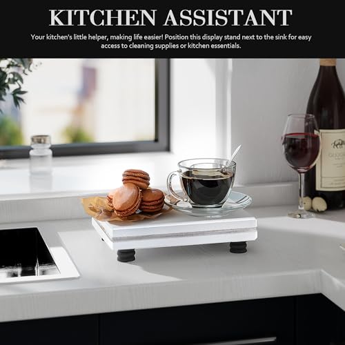 EOSAHR Farmhouse Wooden Pedestal Stand for Home and Kitchen Use – Decorative Tray for Sink Sponge Holder – The Bathroom Counter Organizer to Elevate Home Decor (Black & White) - color: Black & White