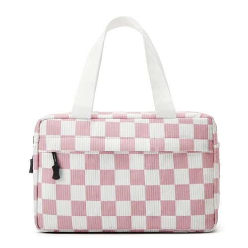 Large Makeup Bag for Women Corduroy Cosmetic bag Make up Bags Zipper Pouch with handle Cosmetic Organizer Toiletry Bag for Travel Storage - color: 22-Checkered Pink White