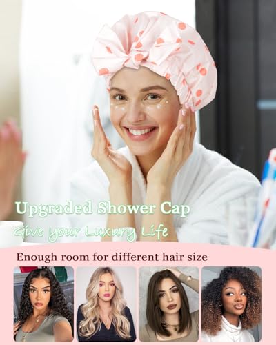 Luvruitaky Shower Cap Luxury Shower Caps for Women Reusable Waterproof Hair Cap for Shower with Adjustable Bowknot Hair Bath Cap (Pink) - color: Pink
