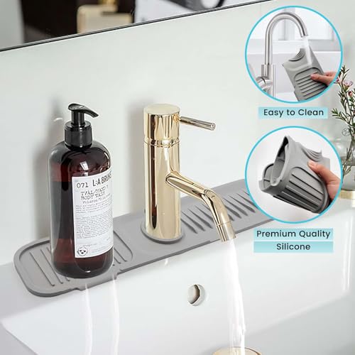 Daily Treasures 45 x 10 cm Splash Sink Guard,Narrow Rim Design Silicone Faucet Mat for Kitchen,5°Slope Water Catcher Mat,Tidy Mat for Kitchen Sink Bathroom Counter Sink Accessories(Grey)